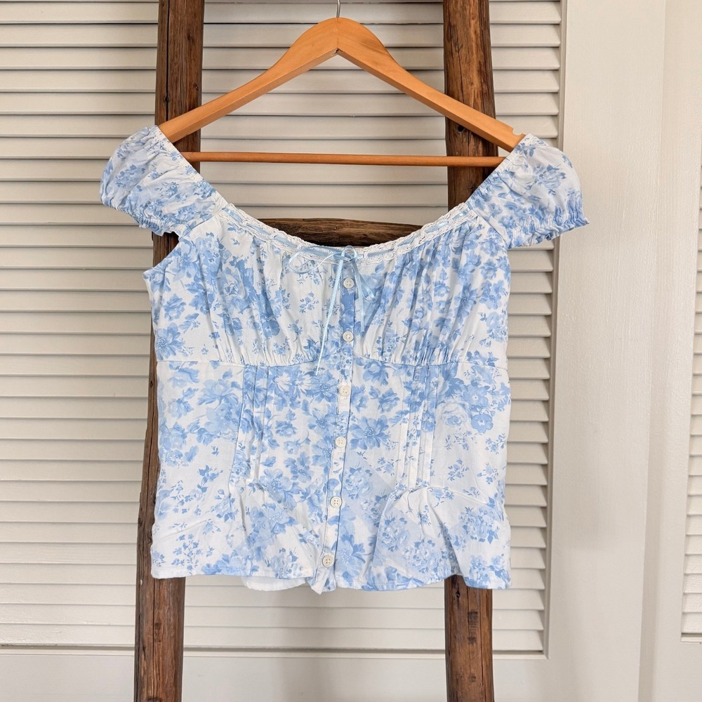 Floral Off-Shoulder Top - Blue and White